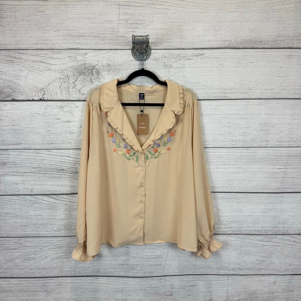 Shein Curve Plus Size Cream Floral Embroidered Button Up Collar Top Size 2XL